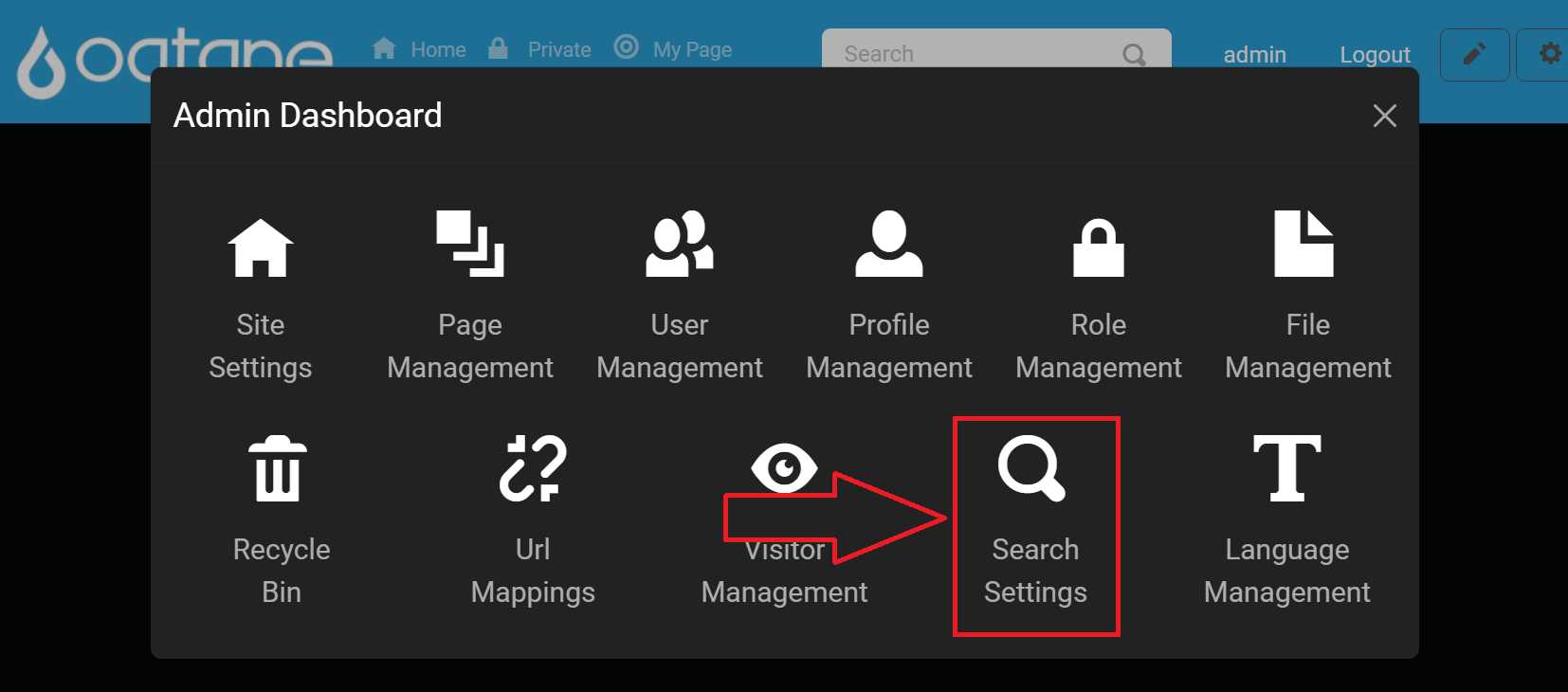 Admin Dashboard Search Settings