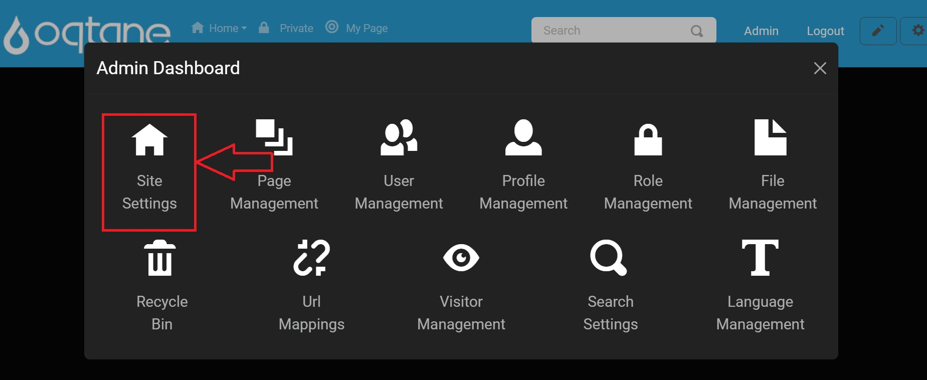 Admin Dashboard Search Settings