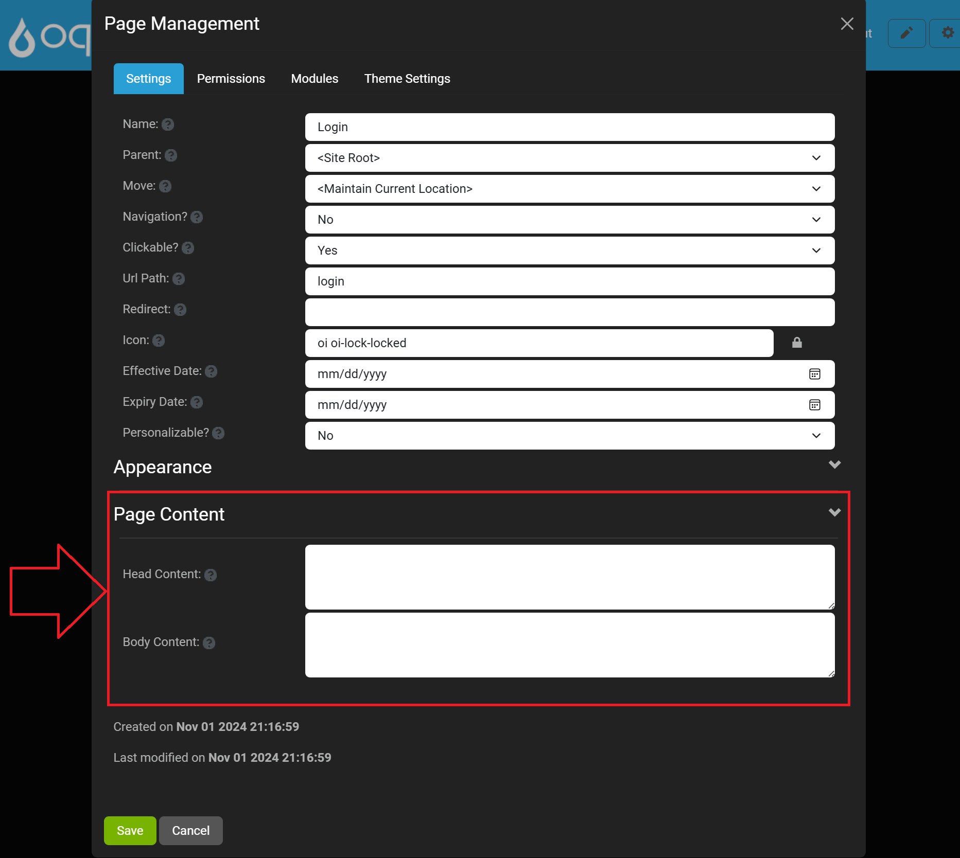 Edit Page Settings Page Content