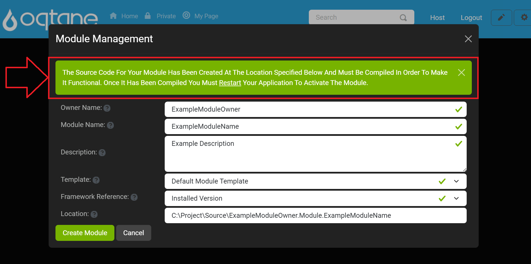 Module Management Create Module Created Success Notification