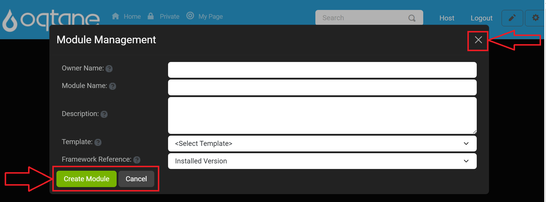 Module Management Create Module Window Buttons