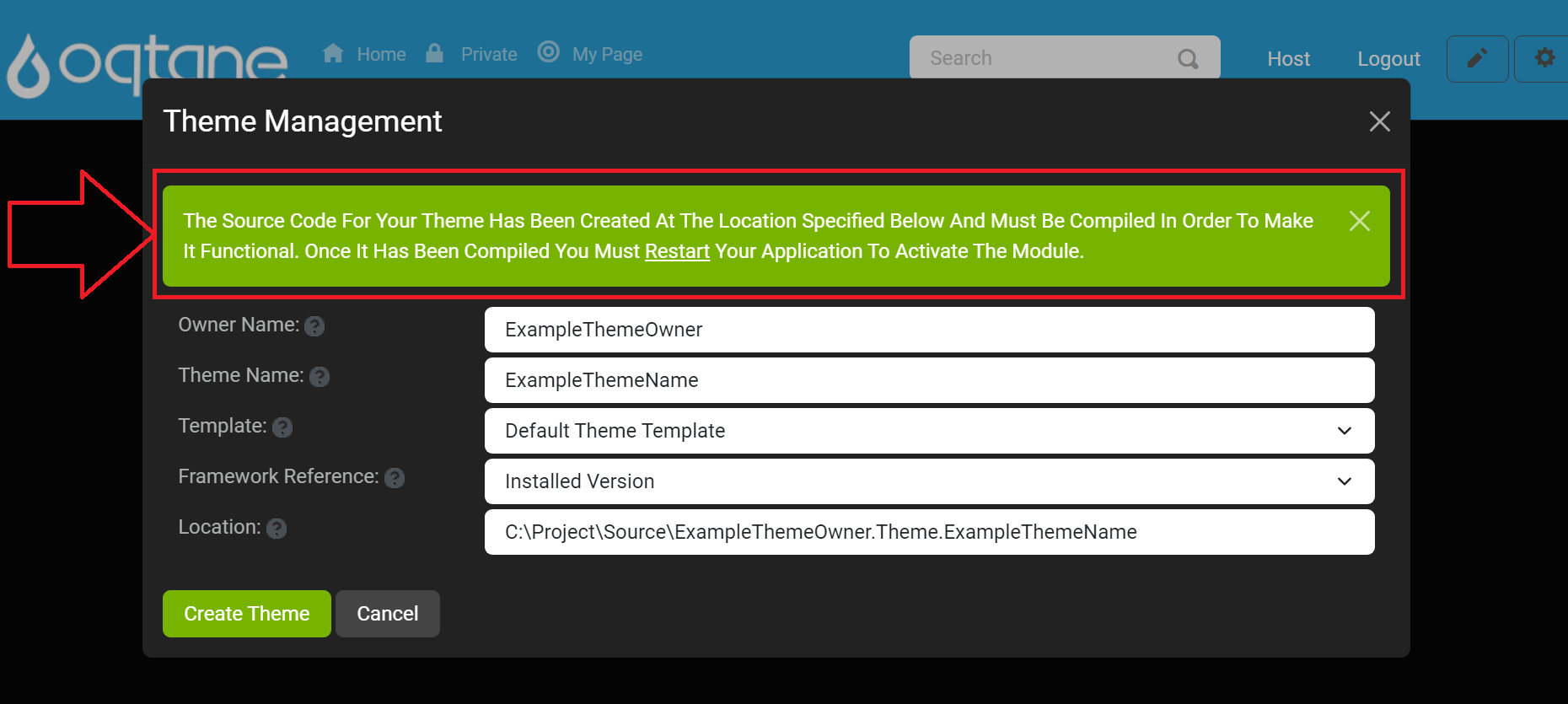 Theme Management Create Theme Success Notification