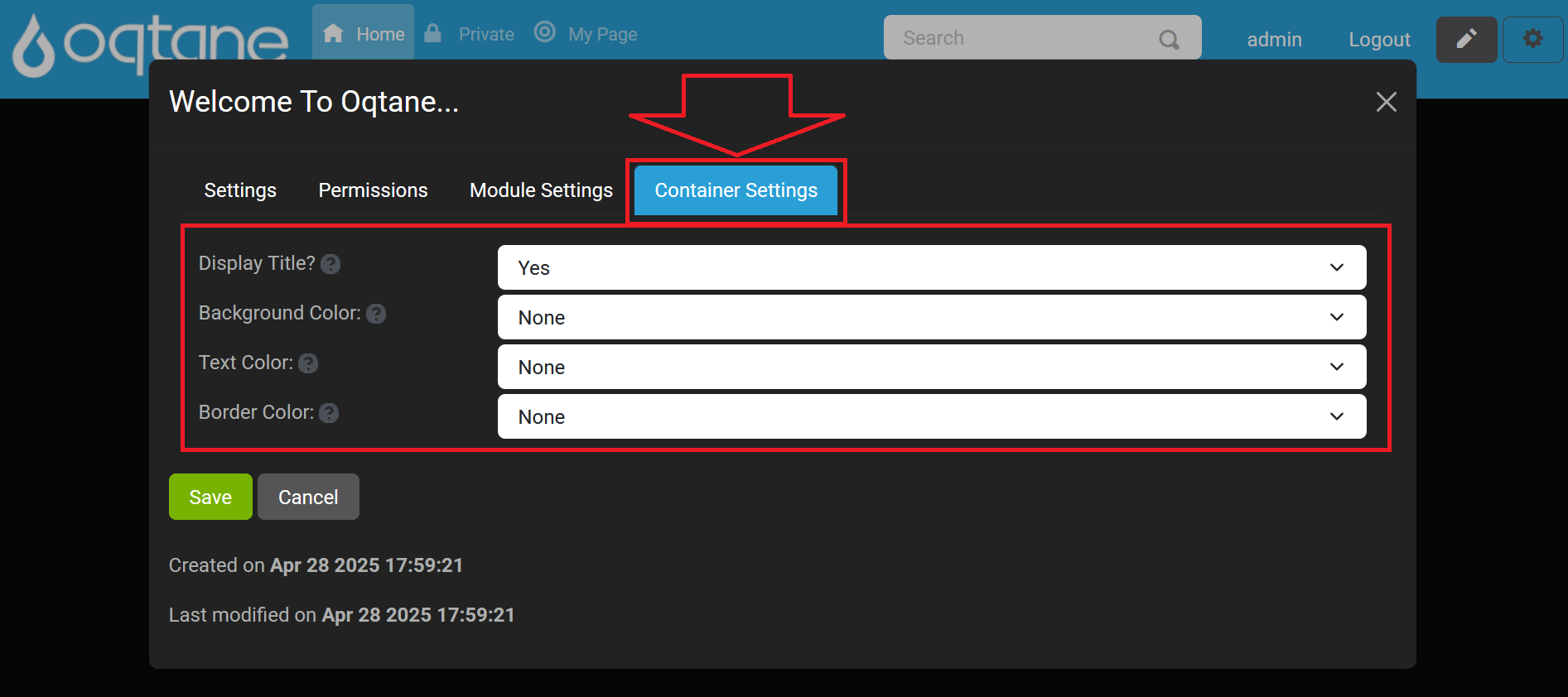 Container Settings Tab