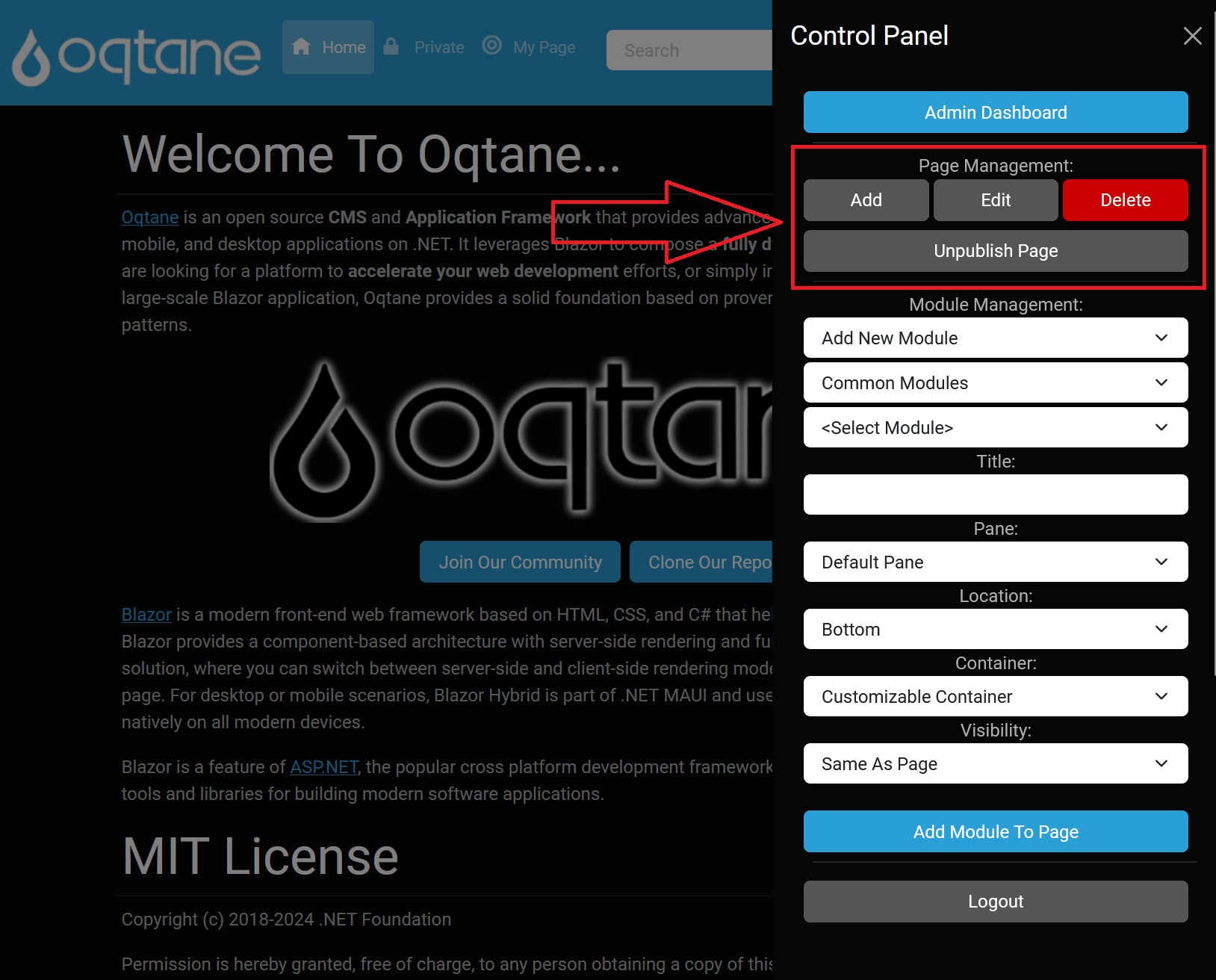 Control Panel Page Management