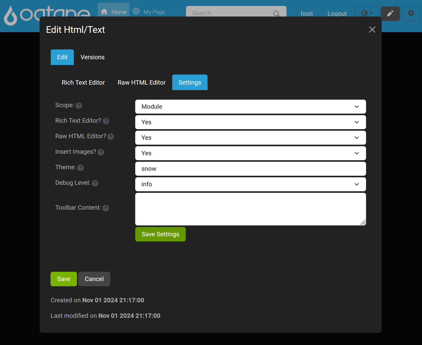 HTML/Text Editor Settings Tab