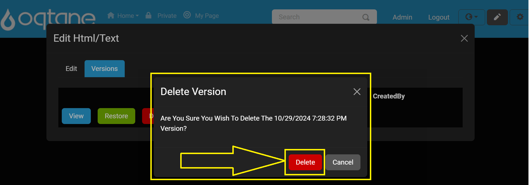 HTML/Text Editor Versions Confirm Delete Button