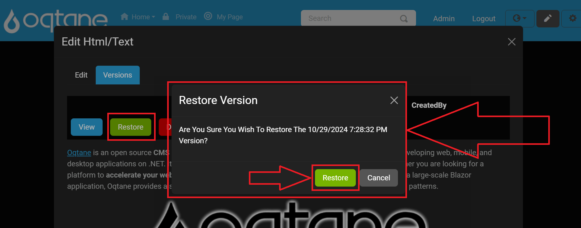 HTML/Text Editor Confirm Restore Button