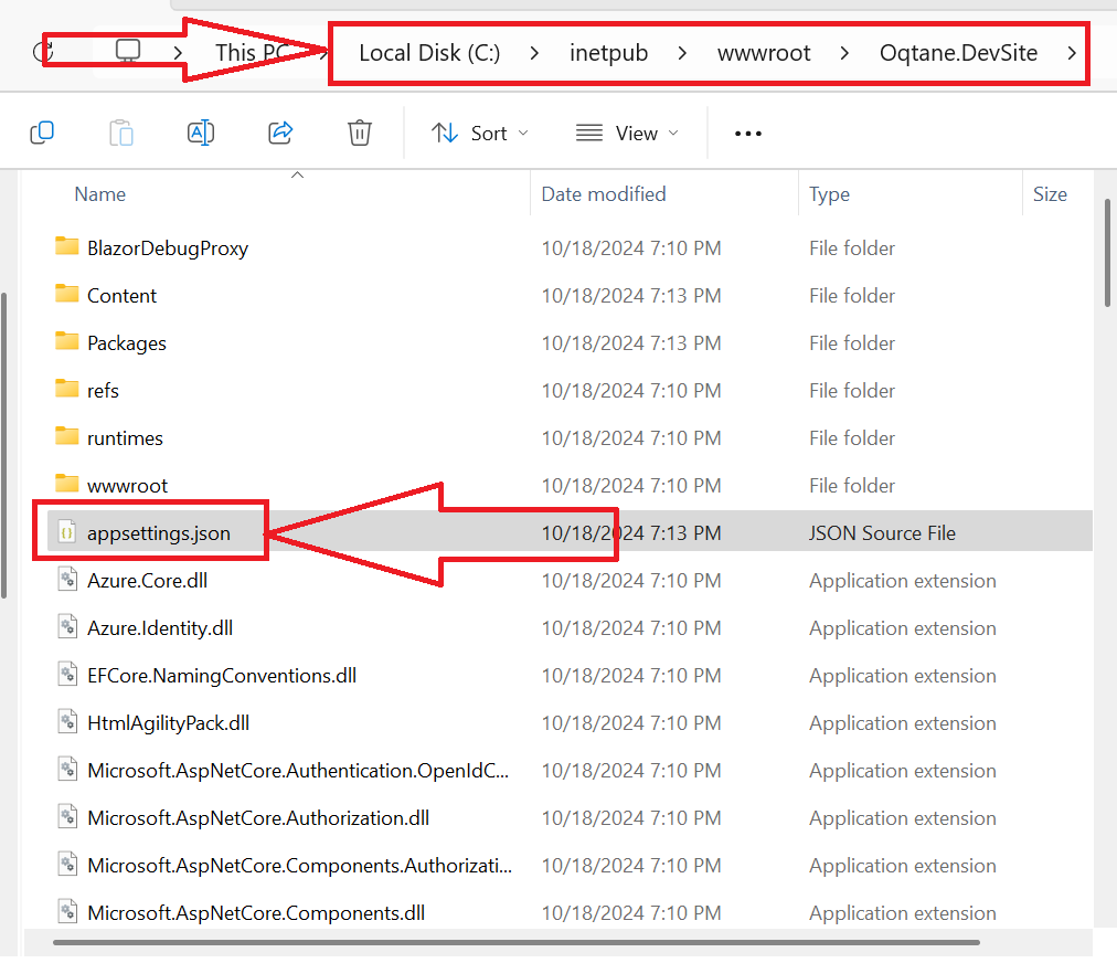 appsettings.json IIS Site File Location