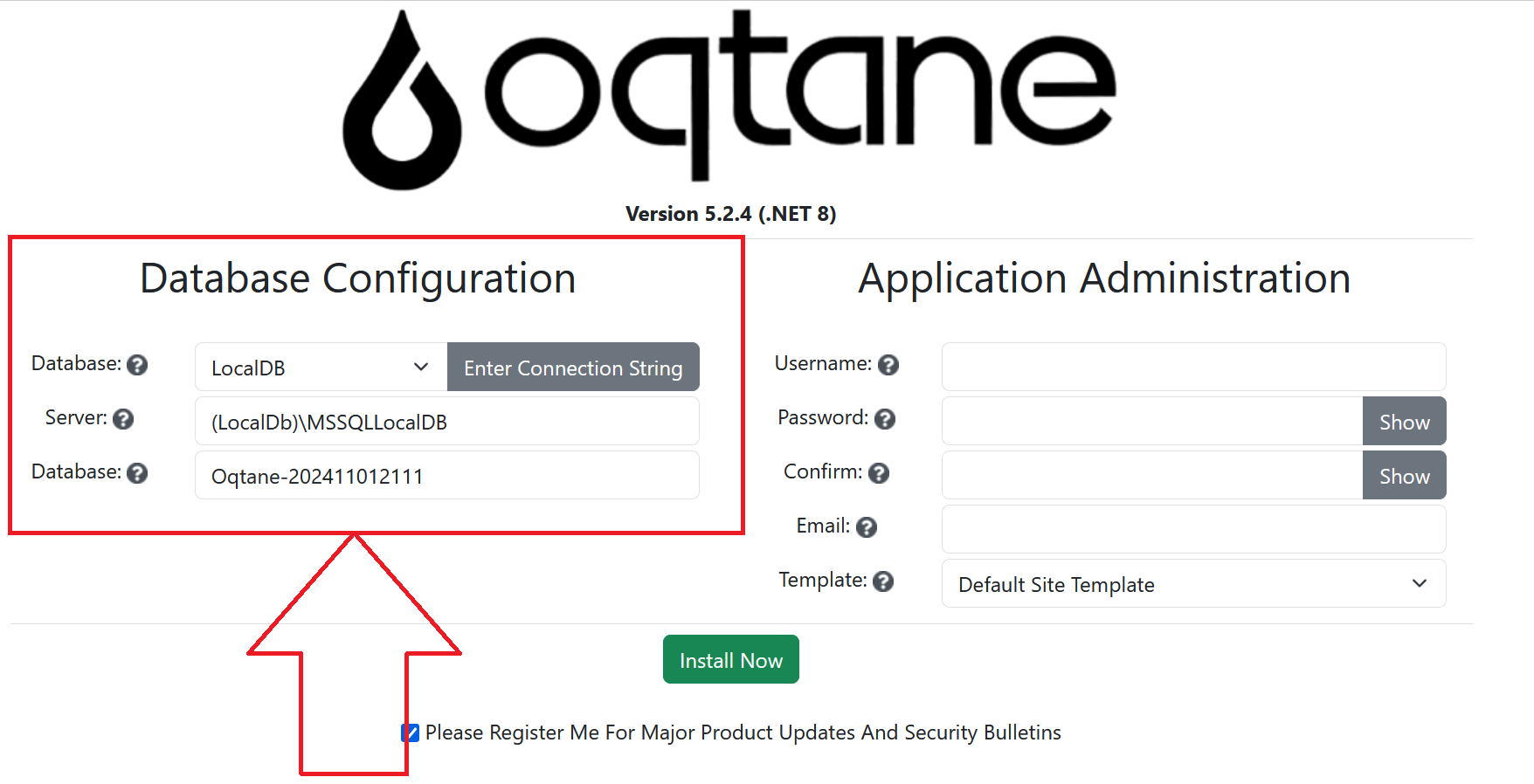 Database Configuration Screen