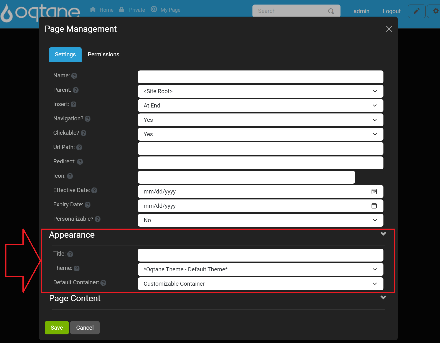 Add Page Setttings Appearance