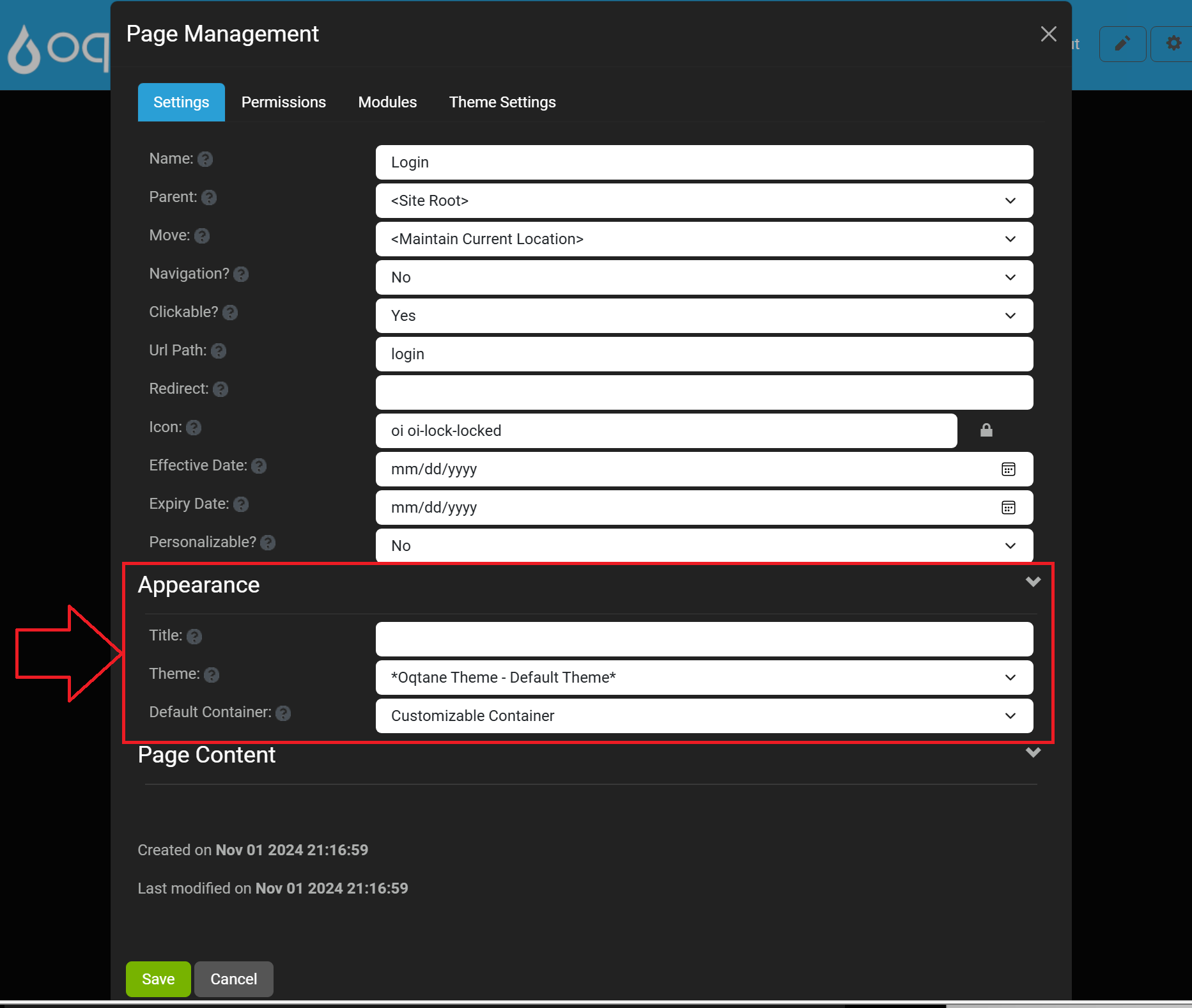 Edit Page Settings Page Appearance