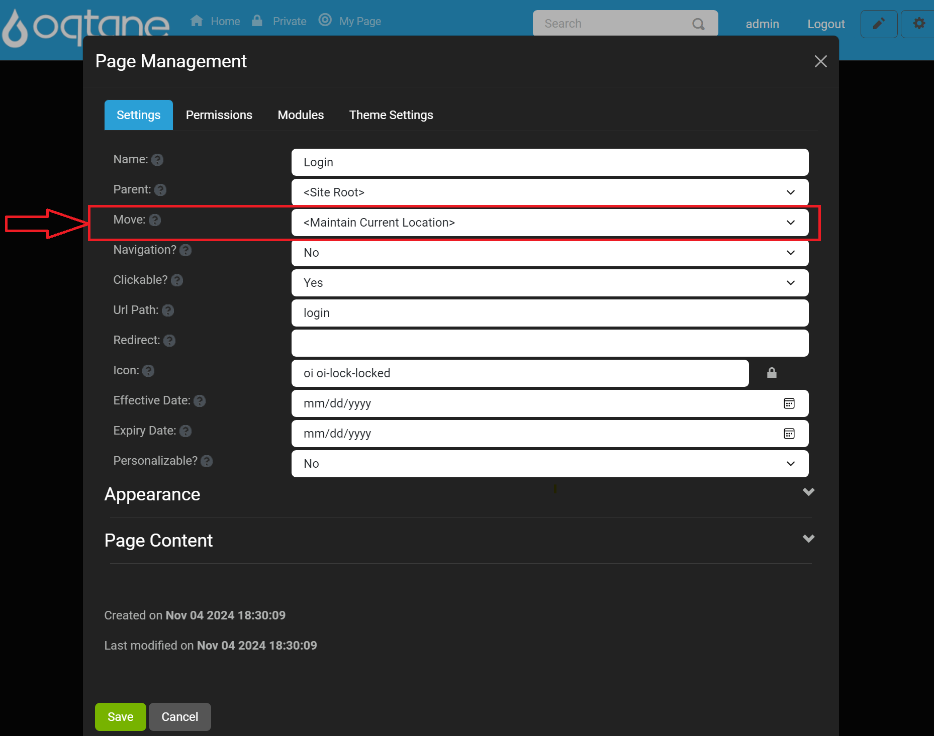 Edit Page Settings