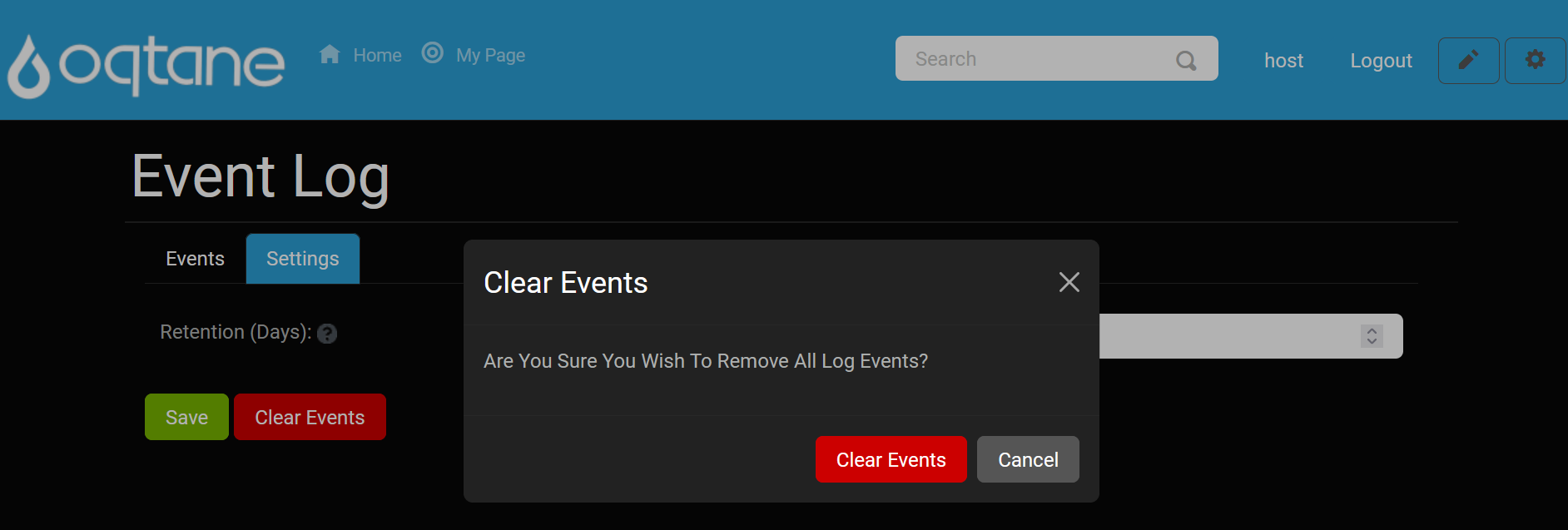 Clear Events Confirmation Window