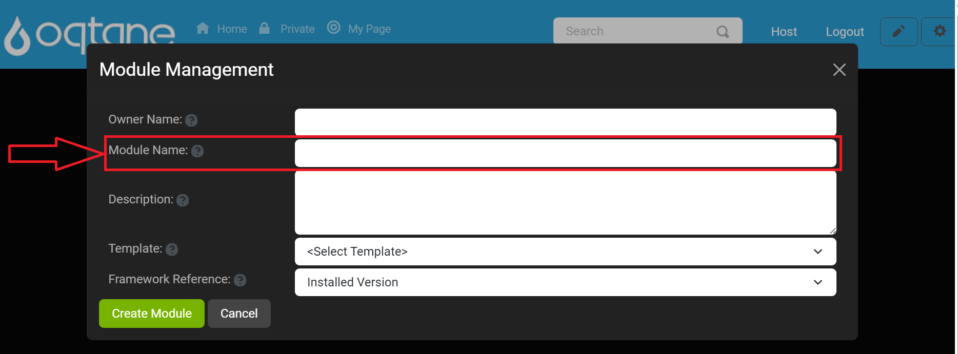 Module Management Create Module Setting Module Name