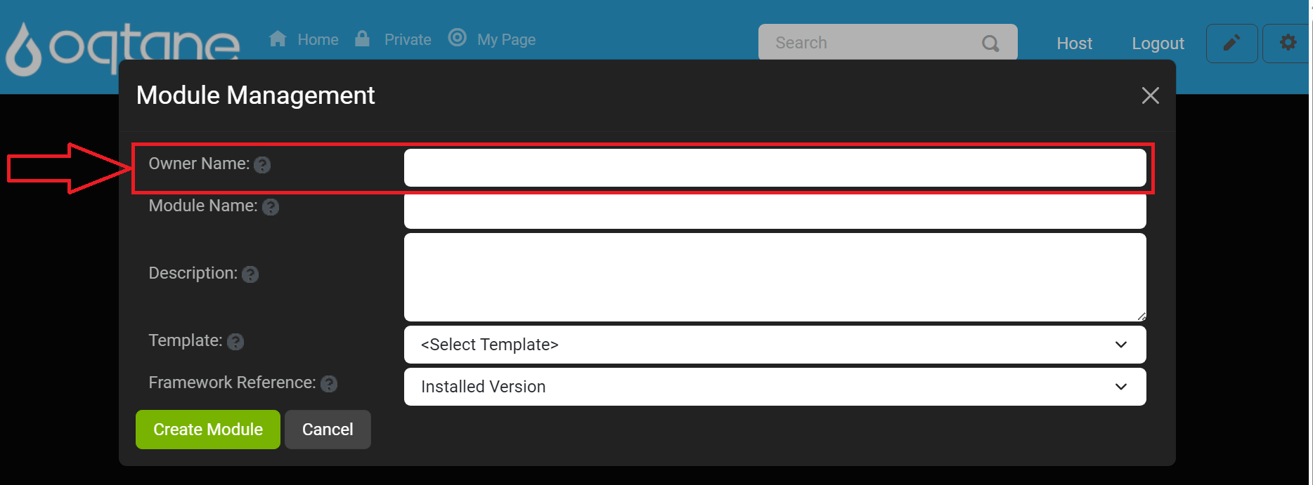 Module Management Create Module Setting Owner Name