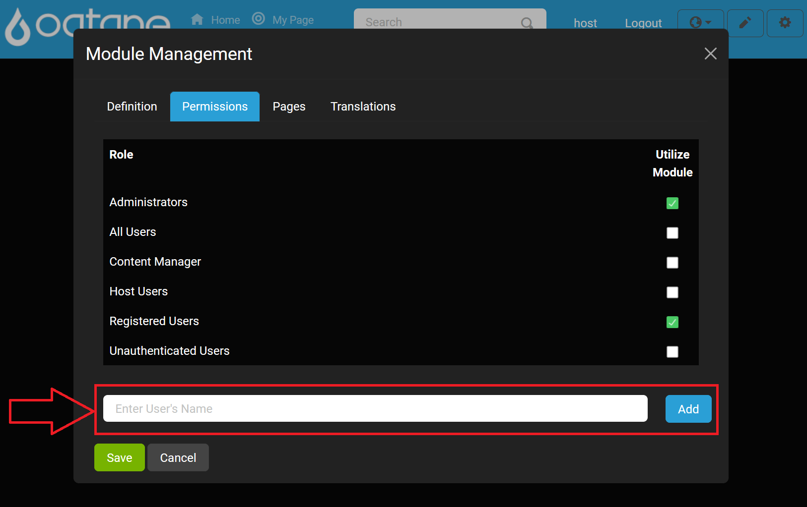 Module Management Edit Permissions Add User