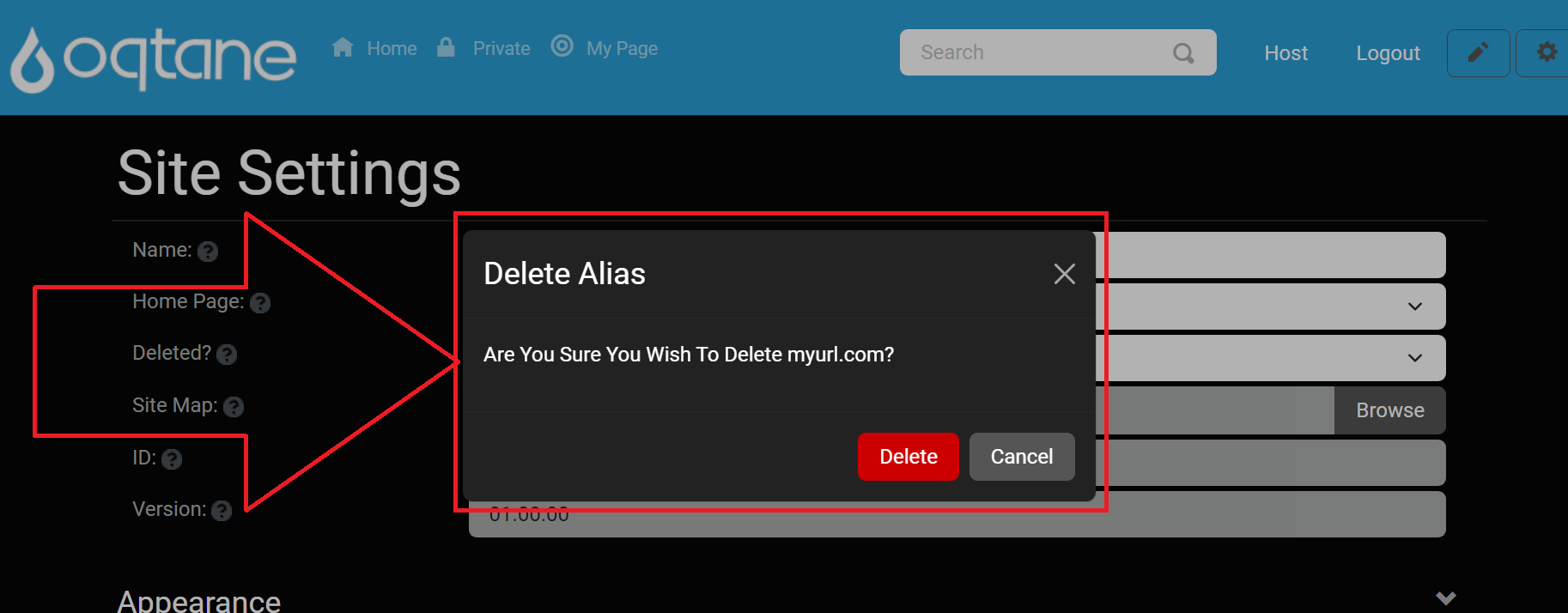 Delete URL Confirmation